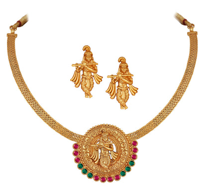 One Gram Gold Plated Temple Necklace Set – Lord Krishna Design with Ruby & Emerald Stones