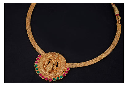 One Gram Gold Plated Temple Necklace Set – Lord Krishna Design with Ruby & Emerald Stones