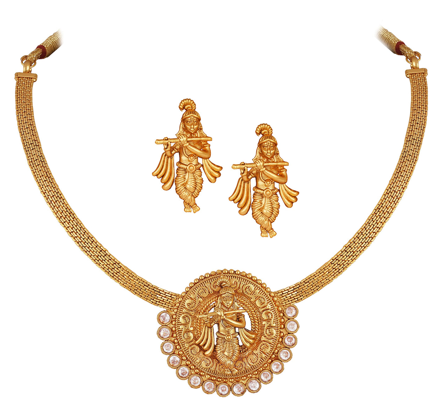One Gram Gold Plated Temple Necklace Set – Lord Krishna Design with White Stones