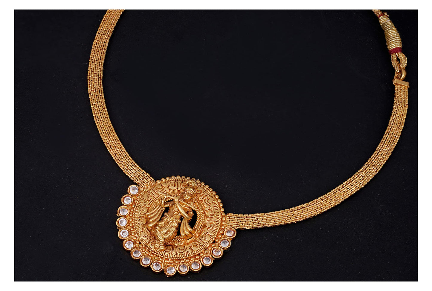 One Gram Gold Plated Temple Necklace Set – Lord Krishna Design with White Stones