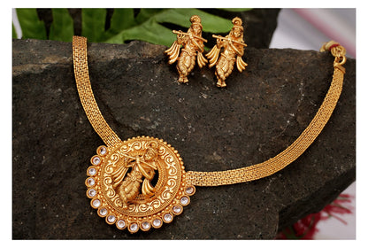 One Gram Gold Plated Temple Necklace Set – Lord Krishna Design with White Stones