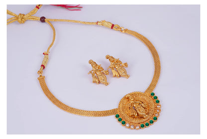 One Gram Gold Plated Temple Necklace Set – Lord Krishna Design with Emerald Stones