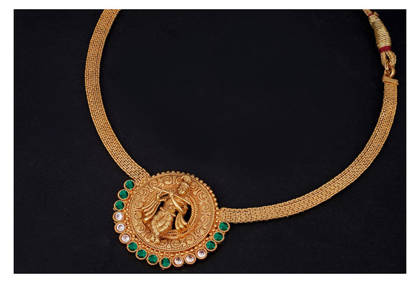 One Gram Gold Plated Temple Necklace Set – Lord Krishna Design with Emerald Stones