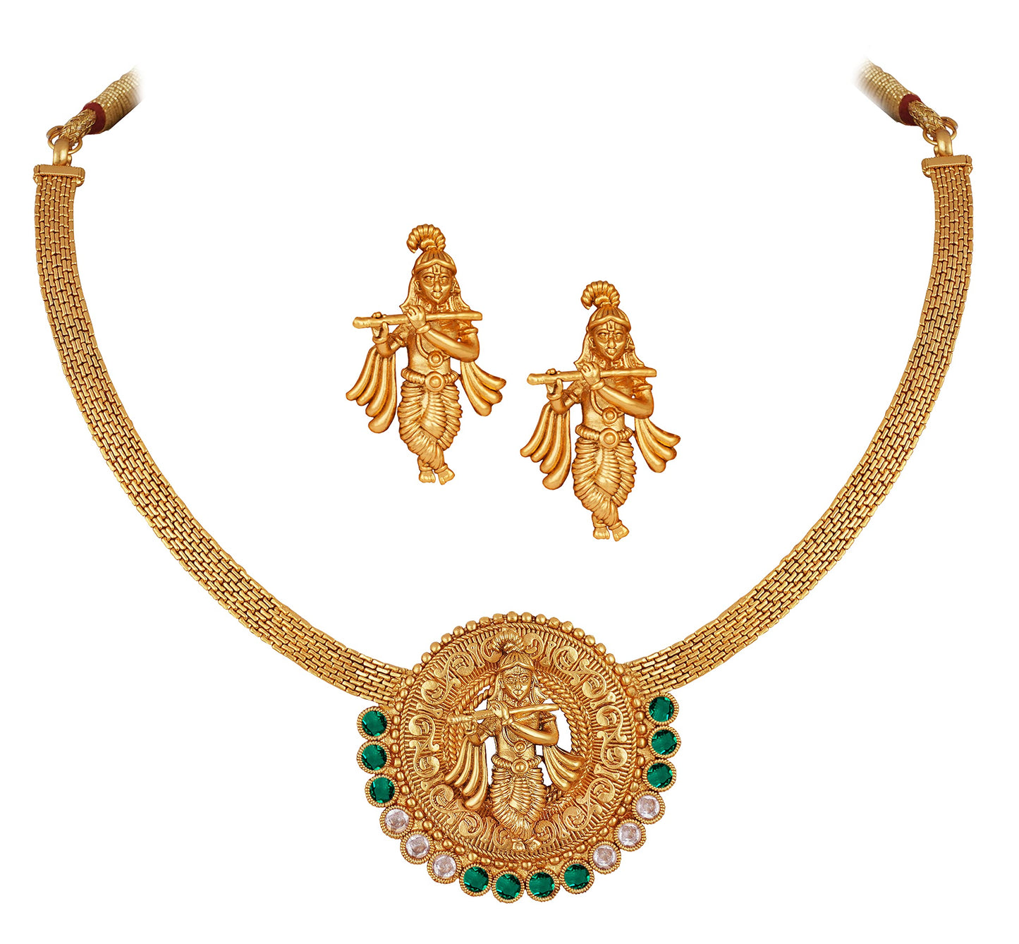 One Gram Gold Plated Temple Necklace Set – Lord Krishna Design with Emerald Stones