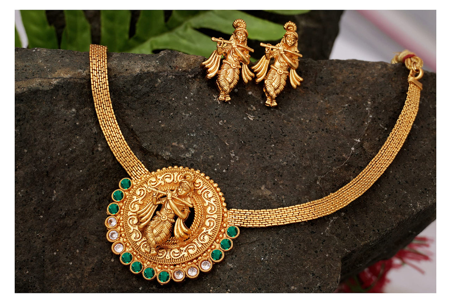 One Gram Gold Plated Temple Necklace Set – Lord Krishna Design with Emerald Stones
