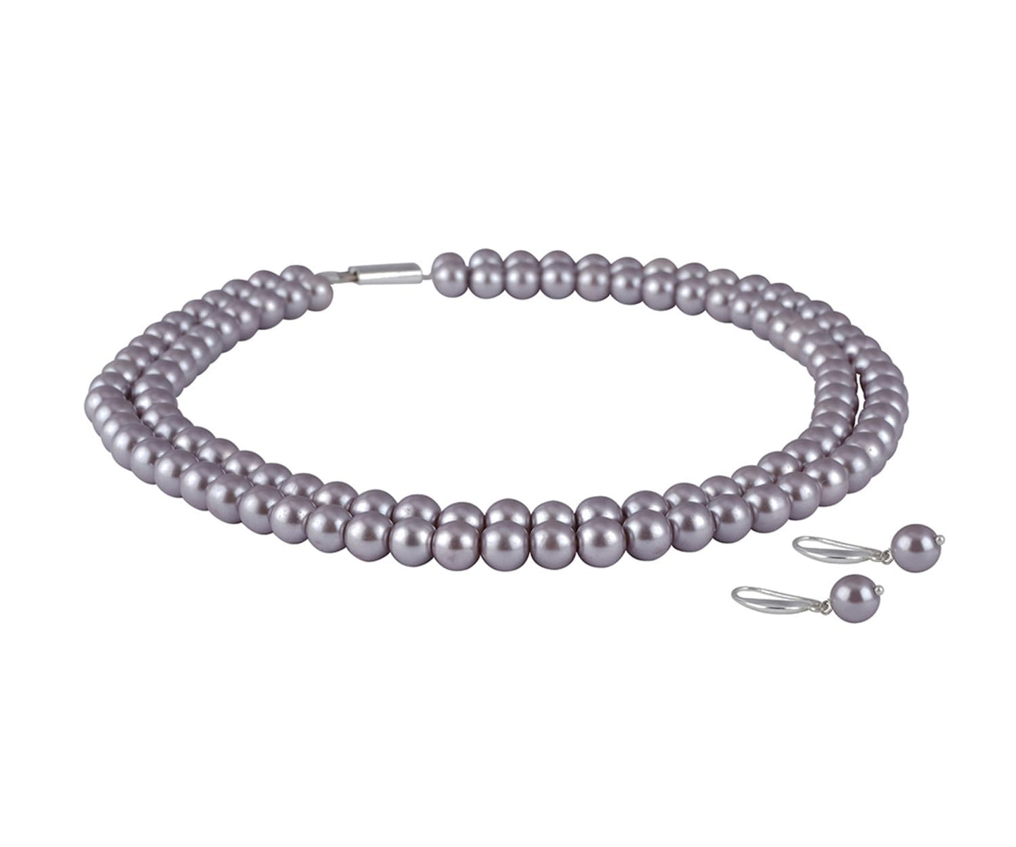 Combo Imitation 8Mm Round Pearl Double Strand Necklace Set Moti Mala Pearl Set With Earrings (Grey)