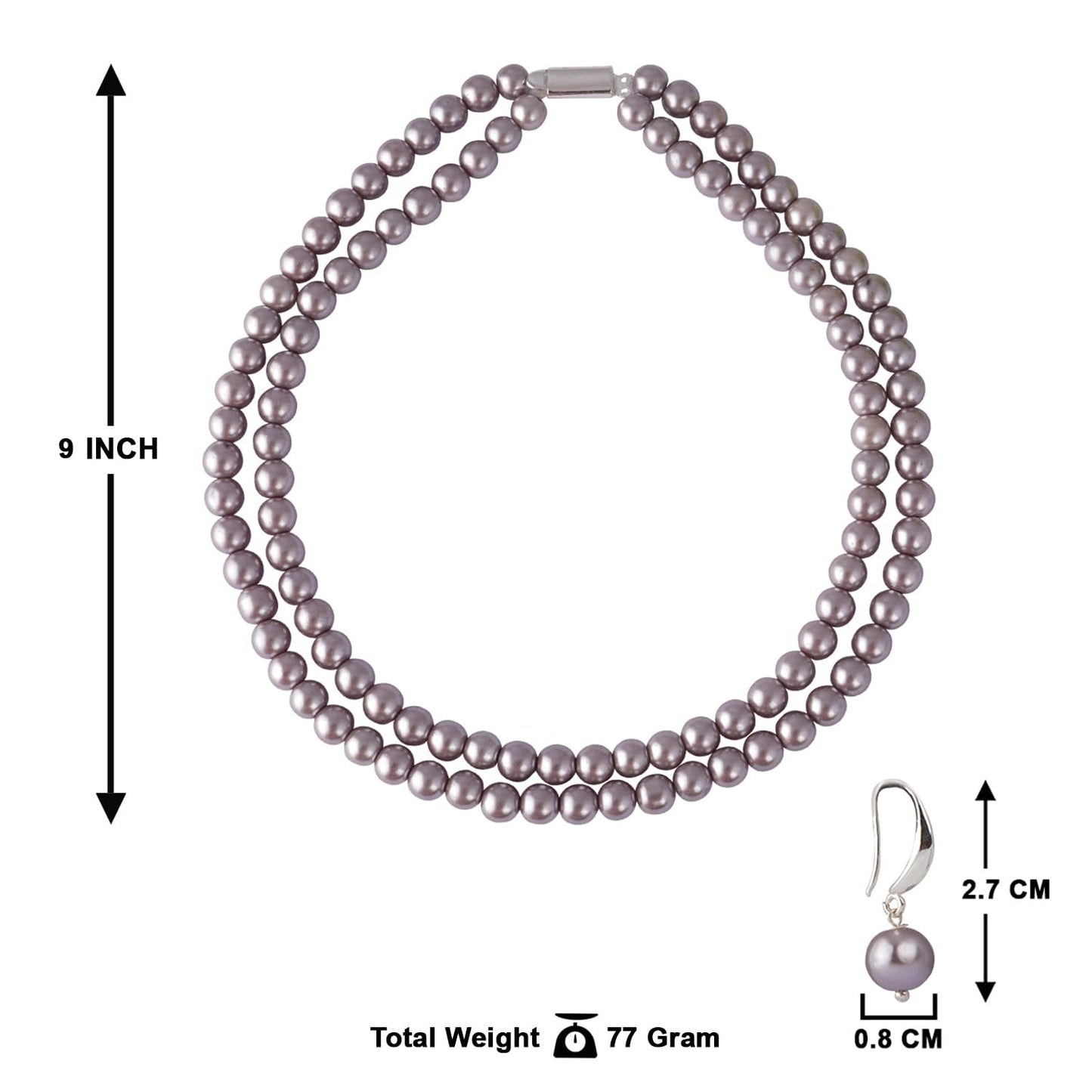 Combo Imitation 8Mm Round Pearl Double Strand Necklace Set Moti Mala Pearl Set With Earrings (Grey)