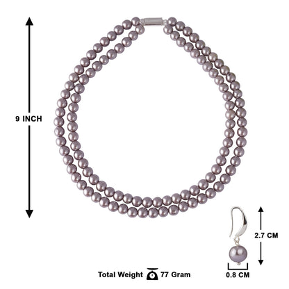 Combo Imitation 8Mm Round Pearl Double Strand Necklace Set Moti Mala Pearl Set With Earrings (Grey)
