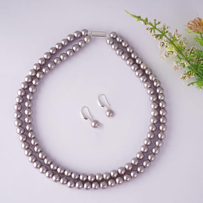 Combo Imitation 8Mm Round Pearl Double Strand Necklace Set Moti Mala Pearl Set With Earrings (Grey)