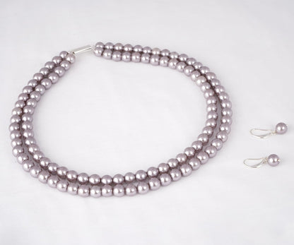 Combo Imitation 8Mm Round Pearl Double Strand Necklace Set Moti Mala Pearl Set With Earrings (Grey)