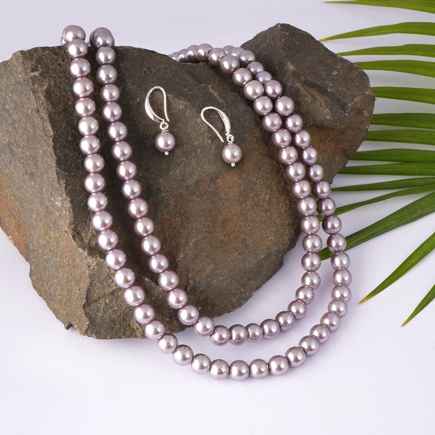 Combo Imitation 8Mm Round Pearl Double Strand Necklace Set Moti Mala Pearl Set With Earrings (Grey)