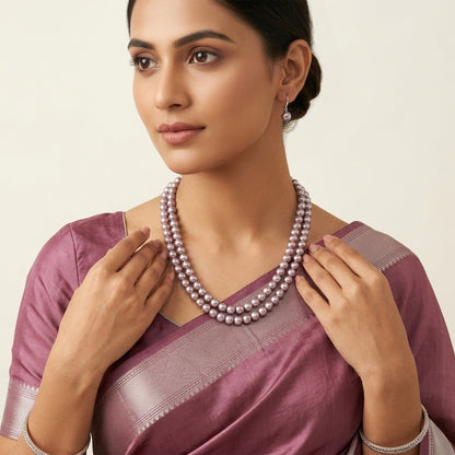 Combo Imitation 8Mm Round Pearl Double Strand Necklace Set Moti Mala Pearl Set With Earrings (Grey)
