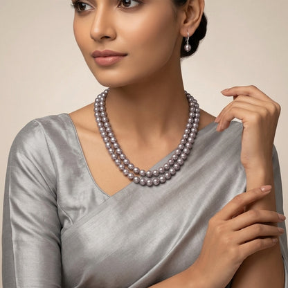 Combo Imitation 8Mm Round Pearl Double Strand Necklace Set Moti Mala Pearl Set With Earrings (Grey)
