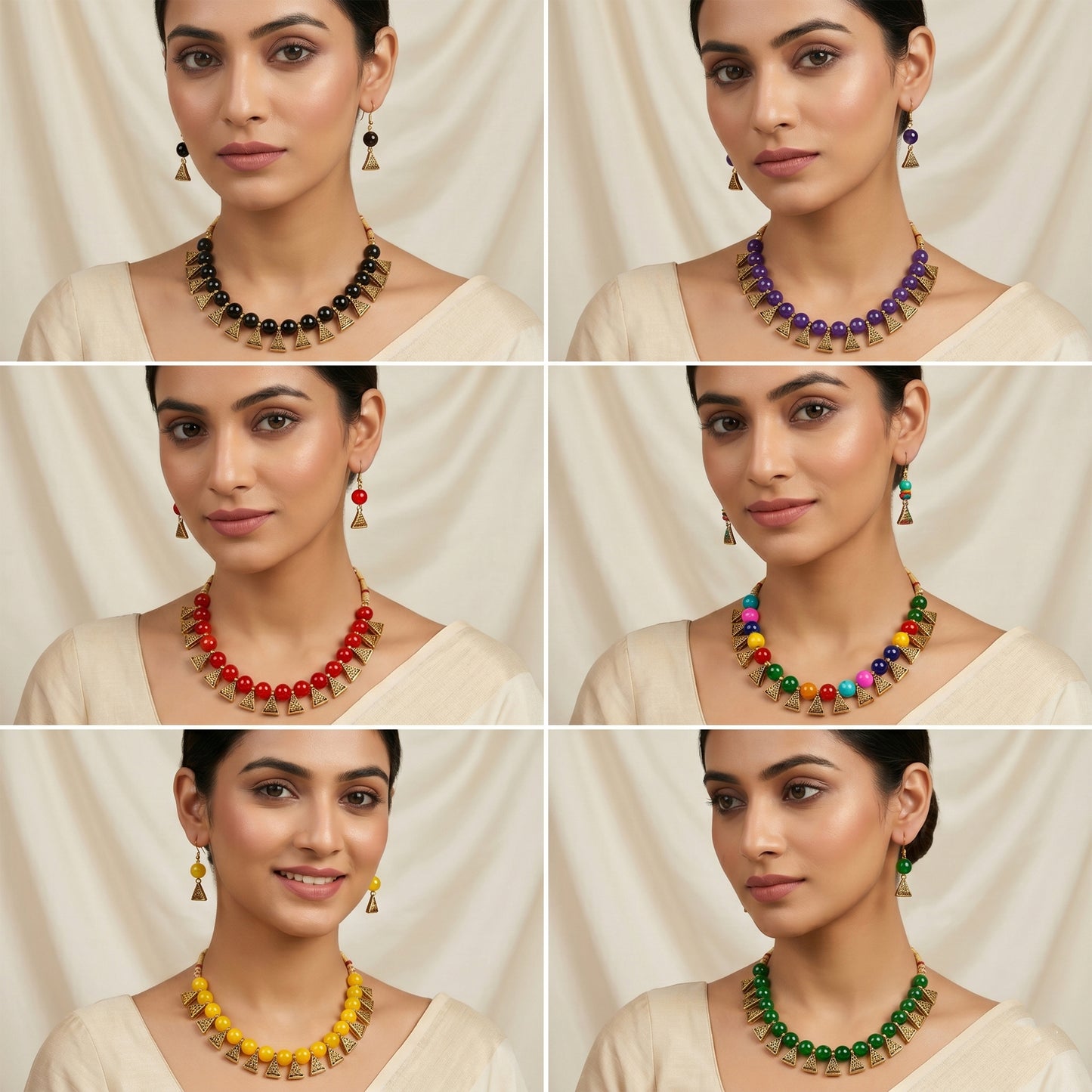 Combo Of 6 German Oxidized And Onyx Beaded Necklace Set With Adjustable Thread