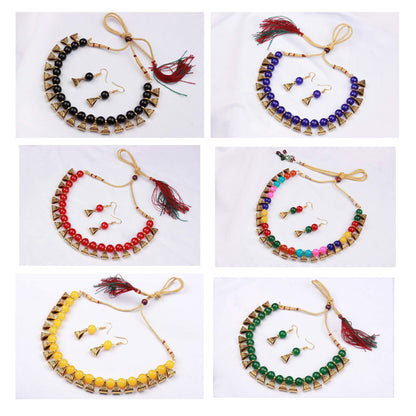 Combo Of 6 German Oxidized And Onyx Beaded Necklace Set With Adjustable Thread