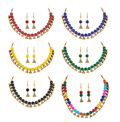Combo Of 6 German Oxidized And Onyx Beaded Necklace Set With Adjustable Thread