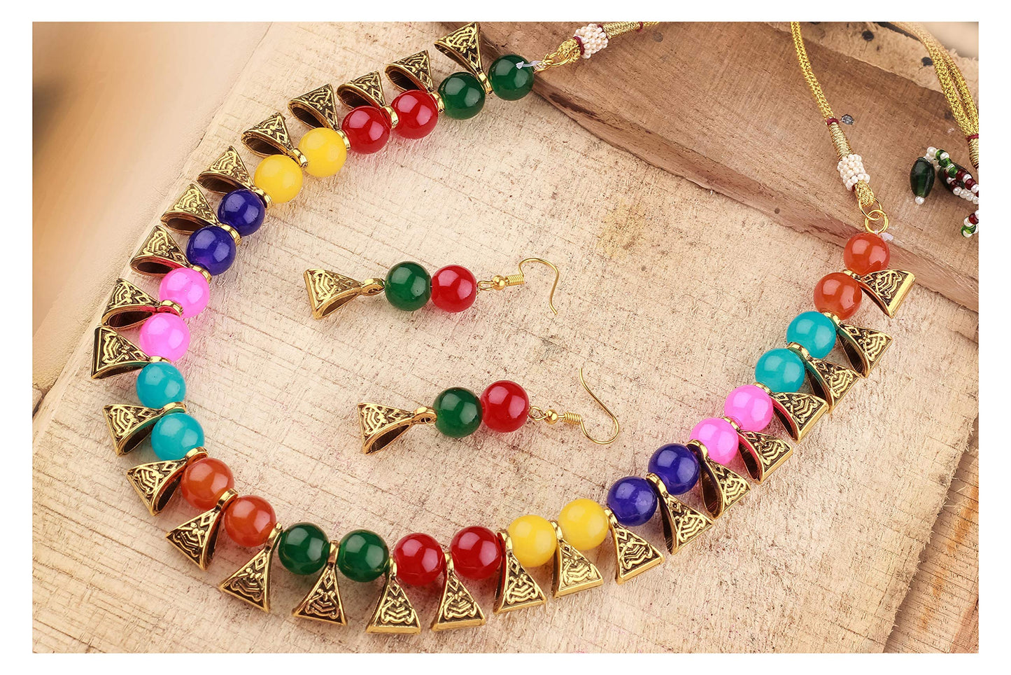 Combo Of 6 German Oxidized And Onyx Beaded Necklace Set With Adjustable Thread