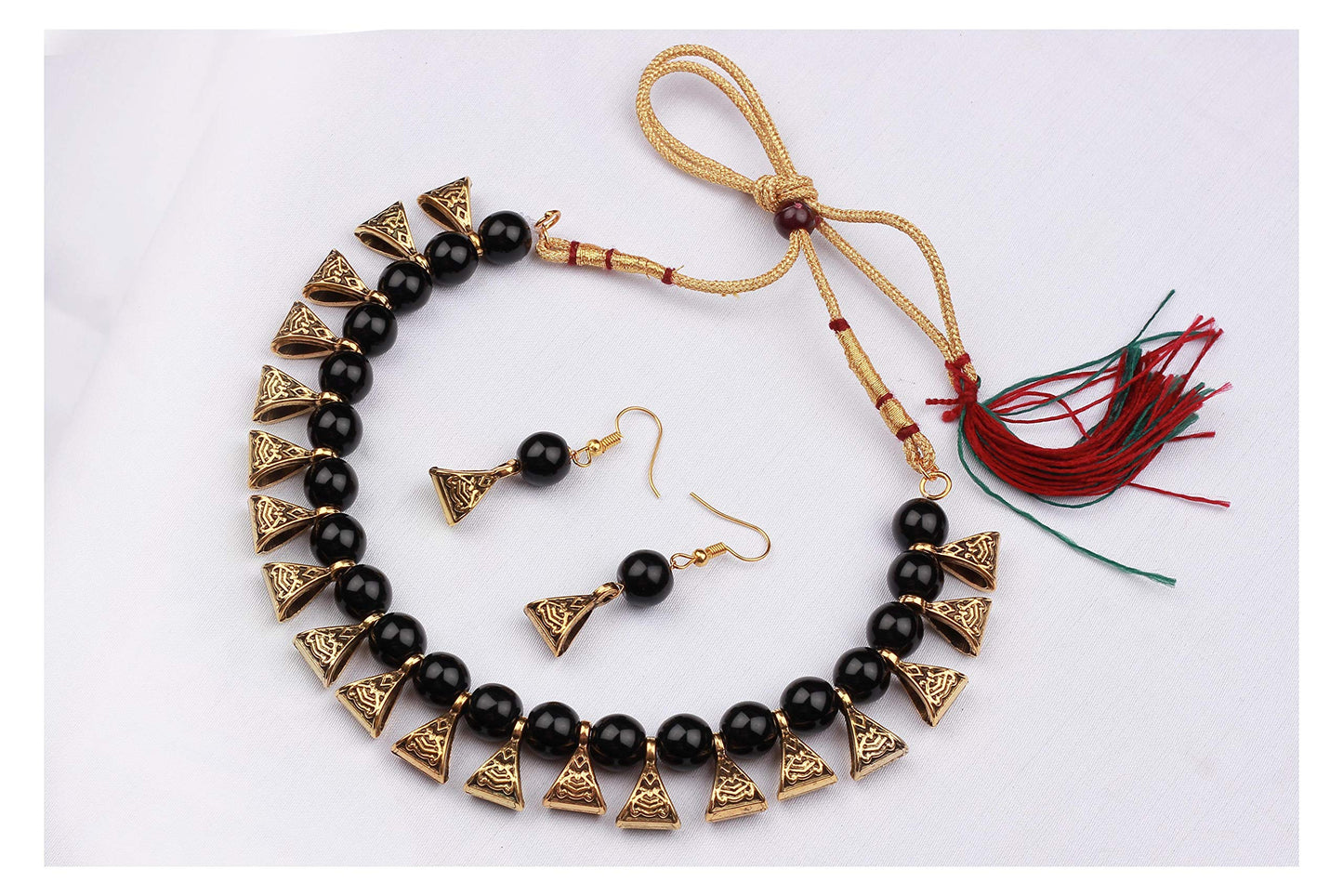 Combo Of 6 German Oxidized And Onyx Beaded Necklace Set With Adjustable Thread