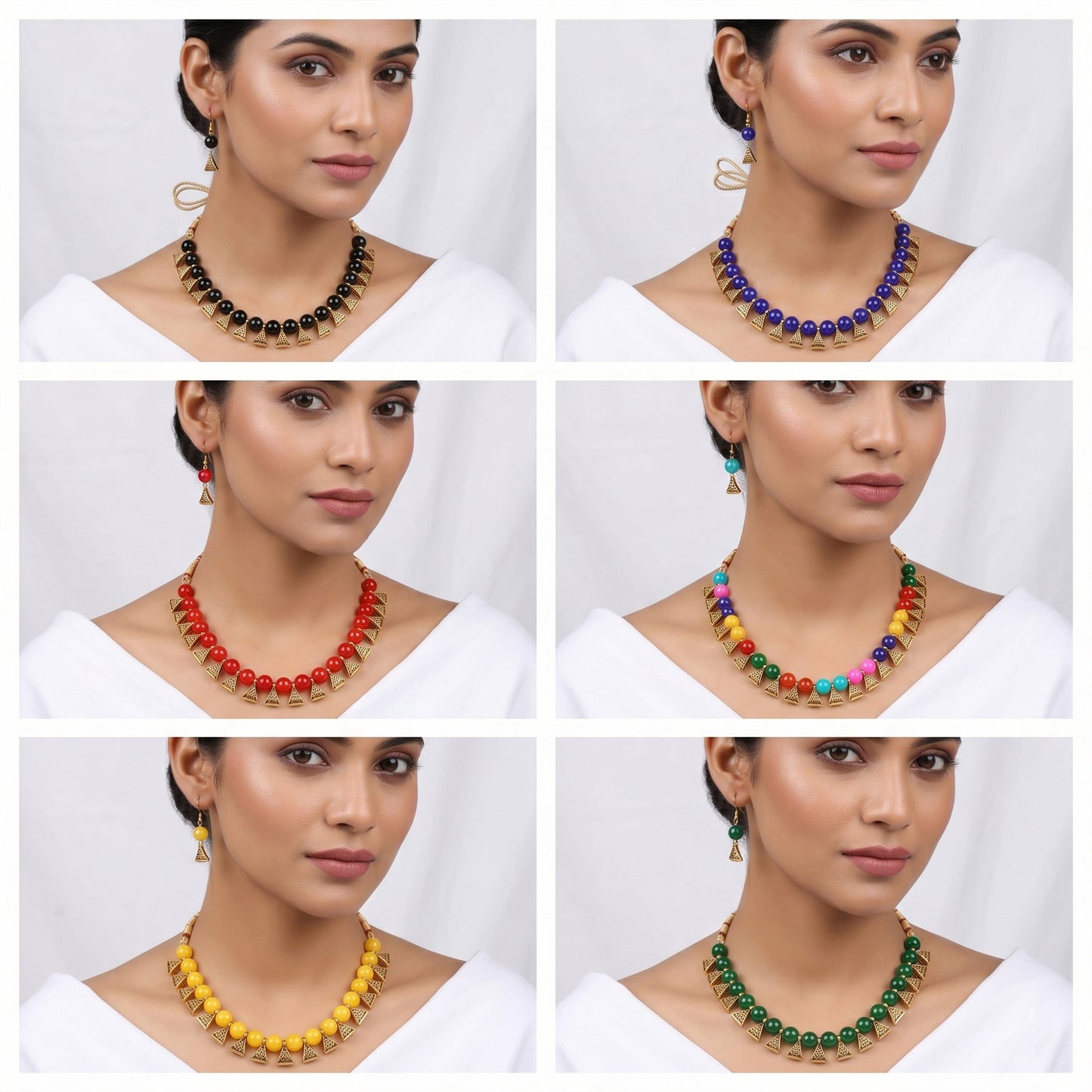 Combo Of 6 German Oxidized And Onyx Beaded Necklace Set With Adjustable Thread