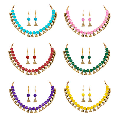 Women'S Combo Of 6 German Oxidized And Onyx Beaded Necklace Set With Adjustable Thread