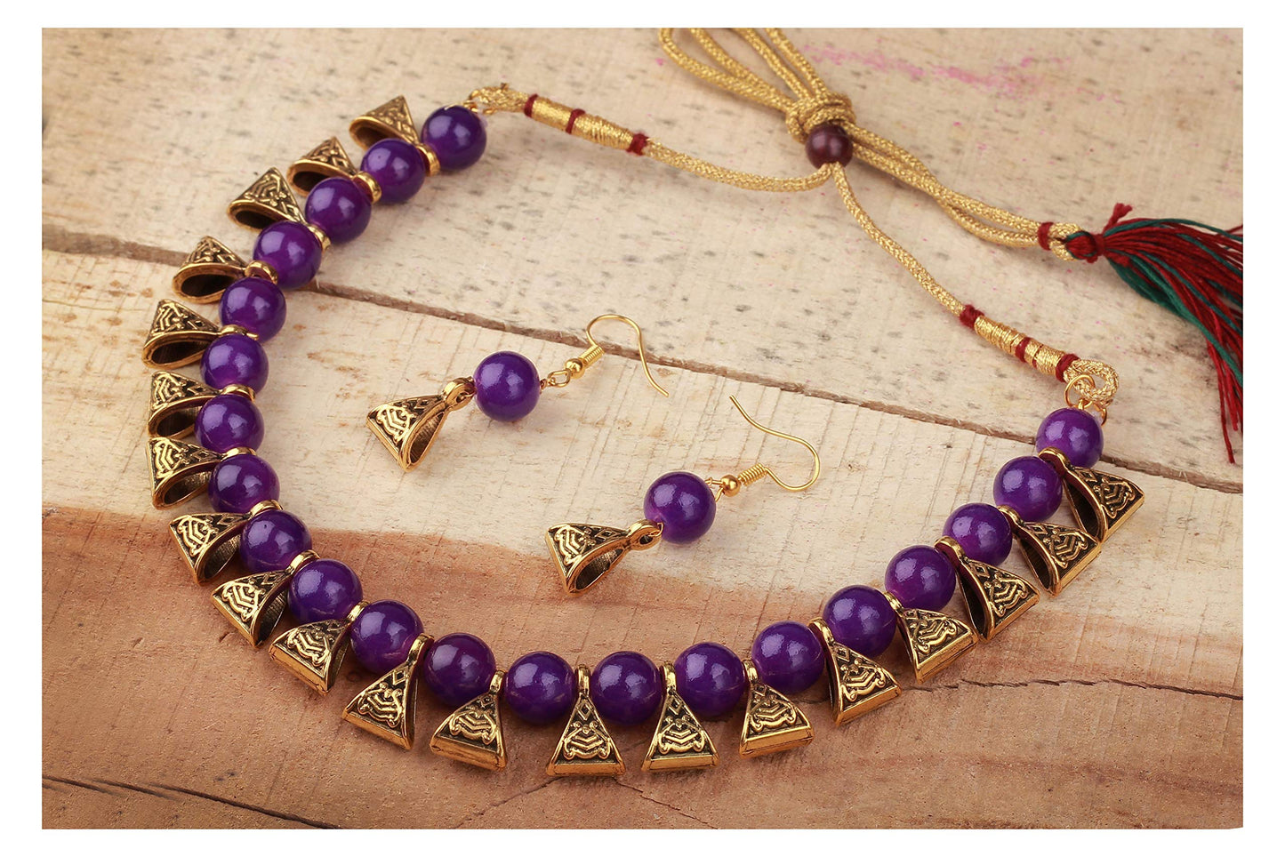 Women'S Combo Of 6 German Oxidized And Onyx Beaded Necklace Set With Adjustable Thread
