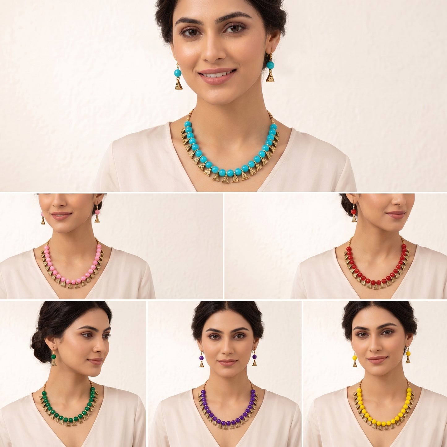 Women'S Combo Of 6 German Oxidized And Onyx Beaded Necklace Set With Adjustable Thread