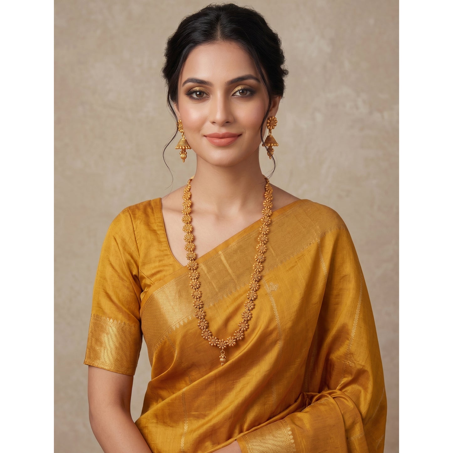 Jfl - For Less One Gram Gold Plated Long Haram Temple Floral Necklace Set With Jhumka