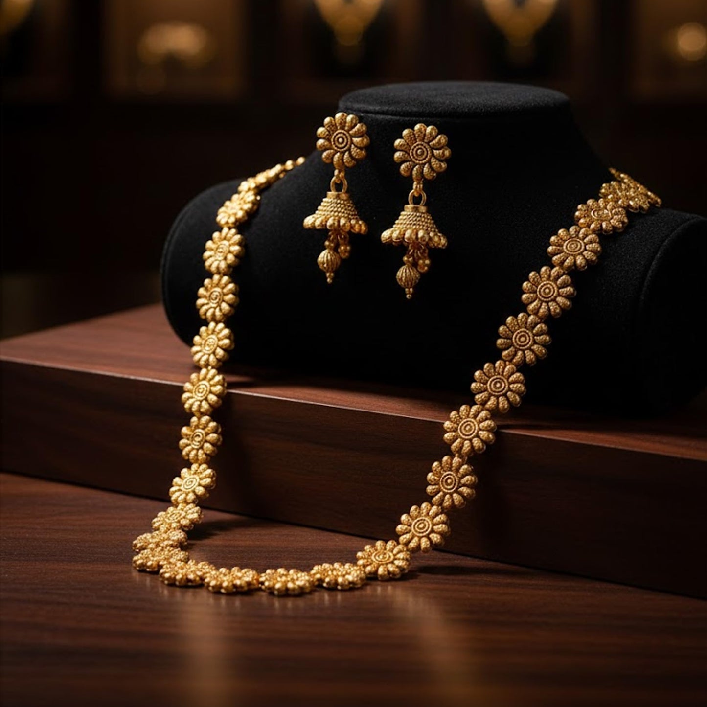 Jfl - For Less One Gram Gold Plated Long Haram Temple Floral Necklace Set With Jhumka