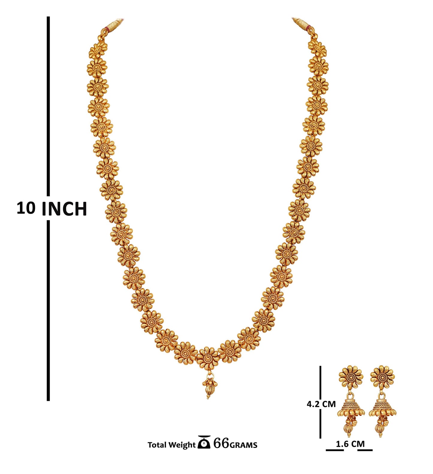 Jfl - For Less One Gram Gold Plated Long Haram Temple Floral Necklace Set With Jhumka