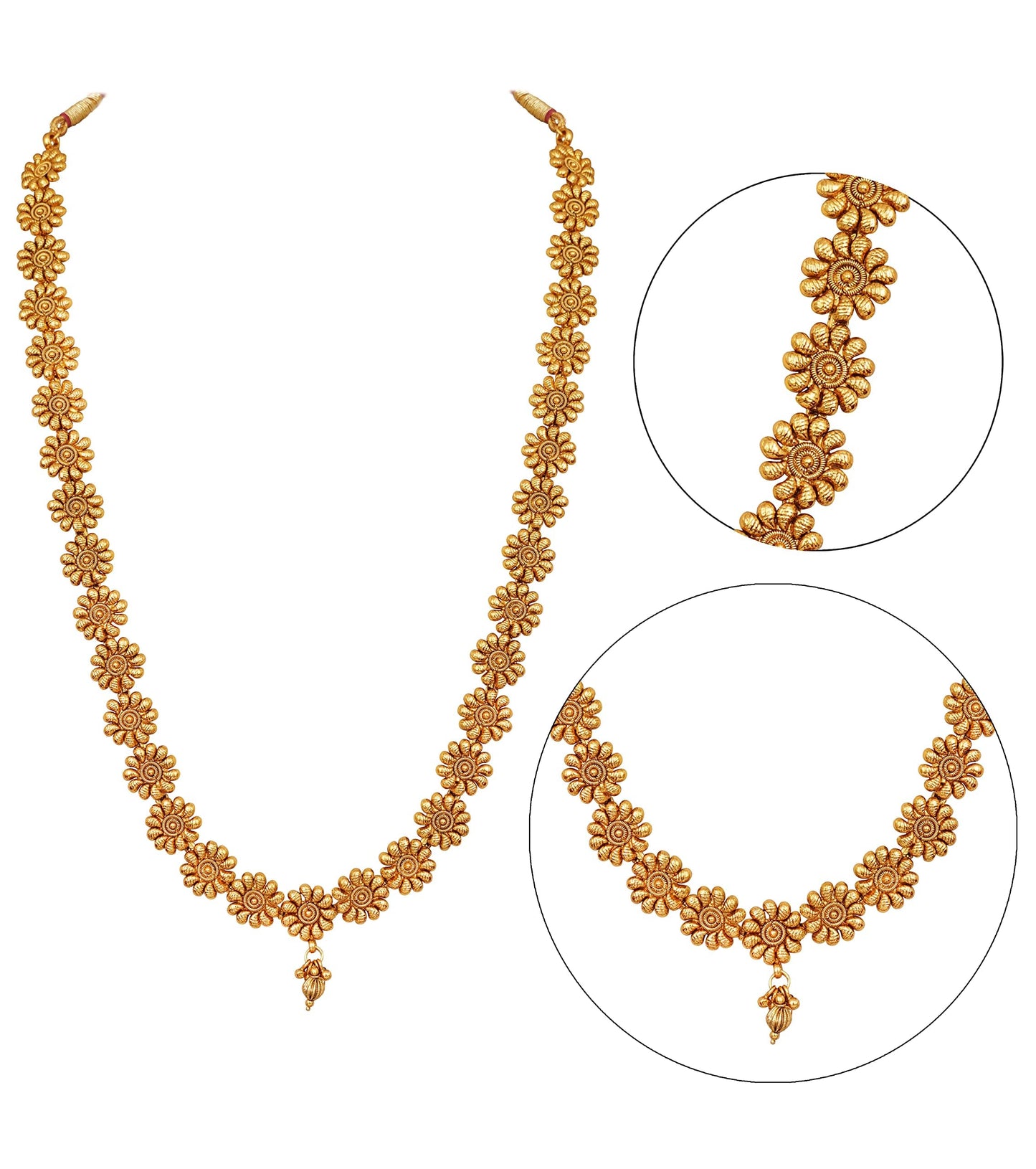Jfl - For Less One Gram Gold Plated Long Haram Temple Floral Necklace Set With Jhumka