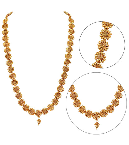 Jfl - For Less One Gram Gold Plated Long Haram Temple Floral Necklace Set With Jhumka