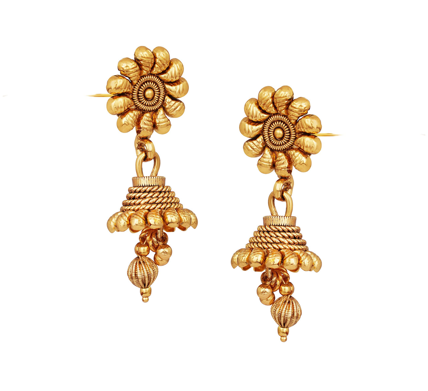Jfl - For Less One Gram Gold Plated Long Haram Temple Floral Necklace Set With Jhumka