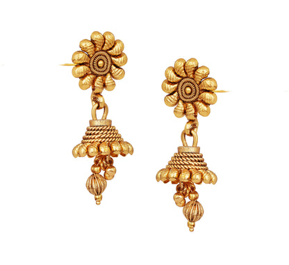 Jfl - For Less One Gram Gold Plated Long Haram Temple Floral Necklace Set With Jhumka