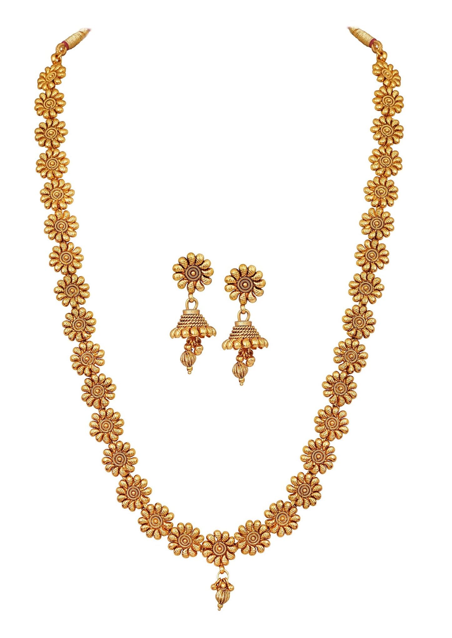 Jfl - For Less One Gram Gold Plated Long Haram Temple Floral Necklace Set With Jhumka