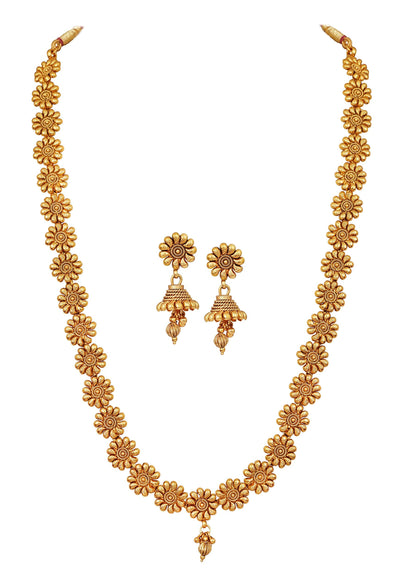 Jfl - For Less One Gram Gold Plated Long Haram Temple Floral Necklace Set With Jhumka