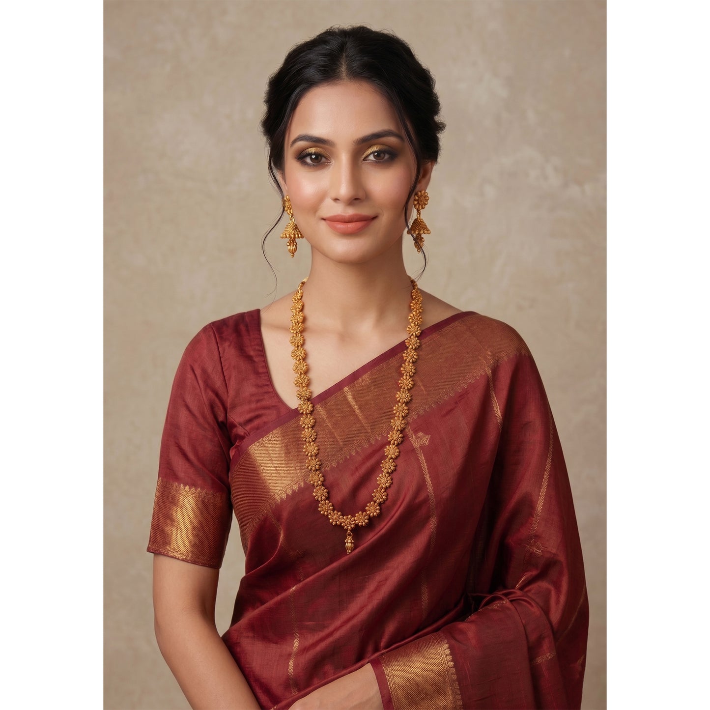 Jfl - For Less One Gram Gold Plated Long Haram Temple Floral Necklace Set With Jhumka