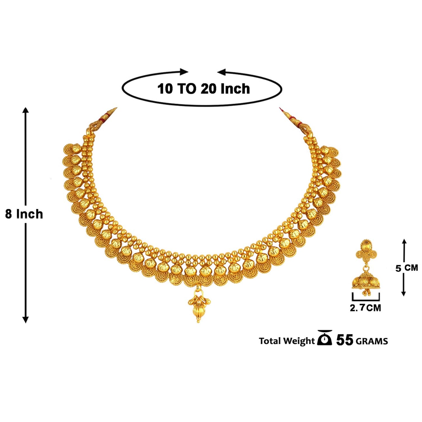 One Gram Gold Plated Short Choker Necklace Set With Jhumki Earrings & Adjustable Thread