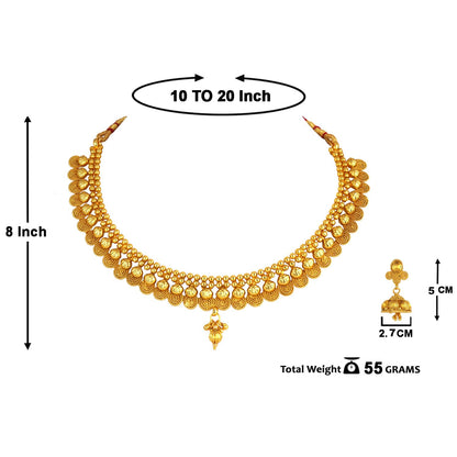 One Gram Gold Plated Short Choker Necklace Set With Jhumki Earrings & Adjustable Thread