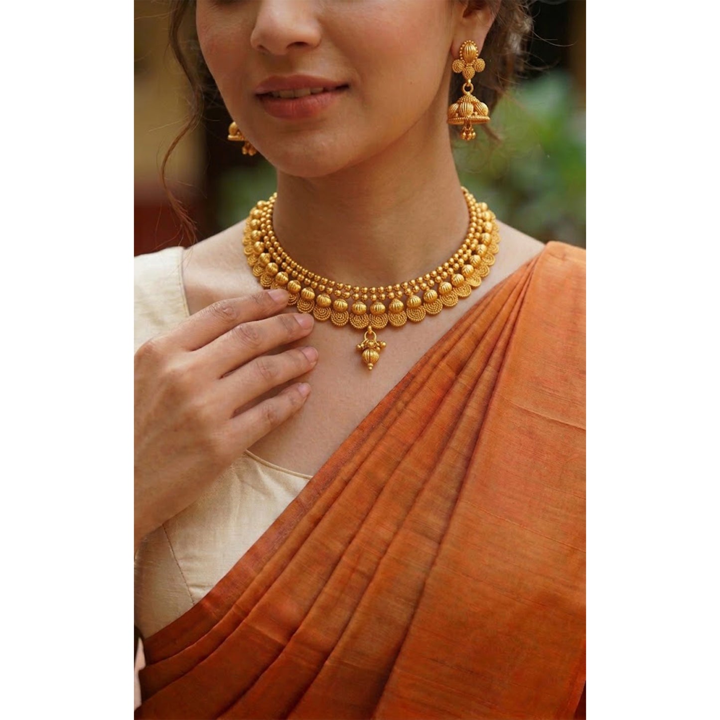 One Gram Gold Plated Short Choker Necklace Set With Jhumki Earrings & Adjustable Thread