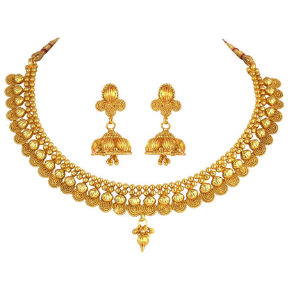 One Gram Gold Plated Short Choker Necklace Set With Jhumki Earrings & Adjustable Thread