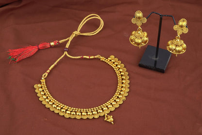 One Gram Gold Plated Short Choker Necklace Set With Jhumki Earrings & Adjustable Thread