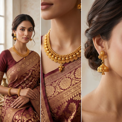 One Gram Gold Plated Short Choker Necklace Set With Jhumki Earrings & Adjustable Thread