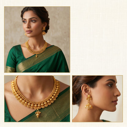 One Gram Gold Plated Short Choker Necklace Set With Jhumki Earrings & Adjustable Thread