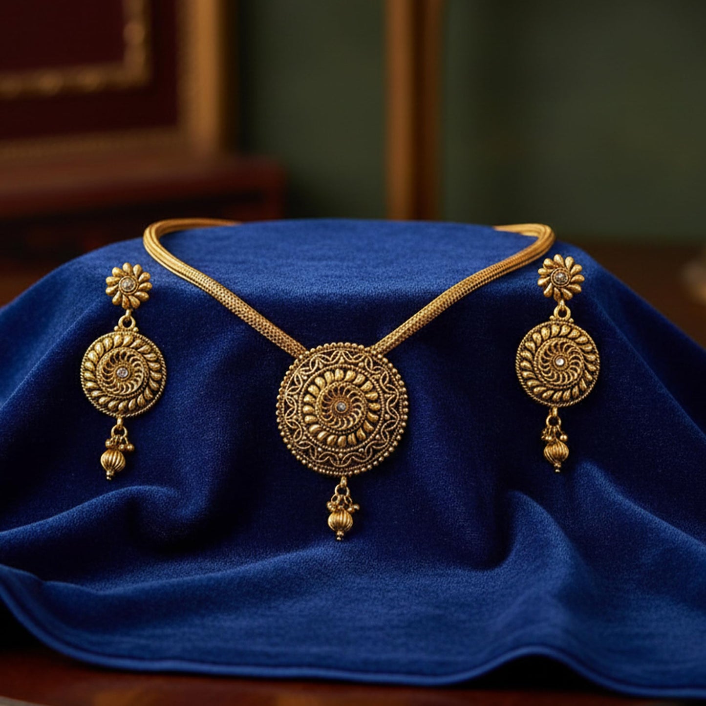 One G Gold Plated Polki Pendant Set With Earring