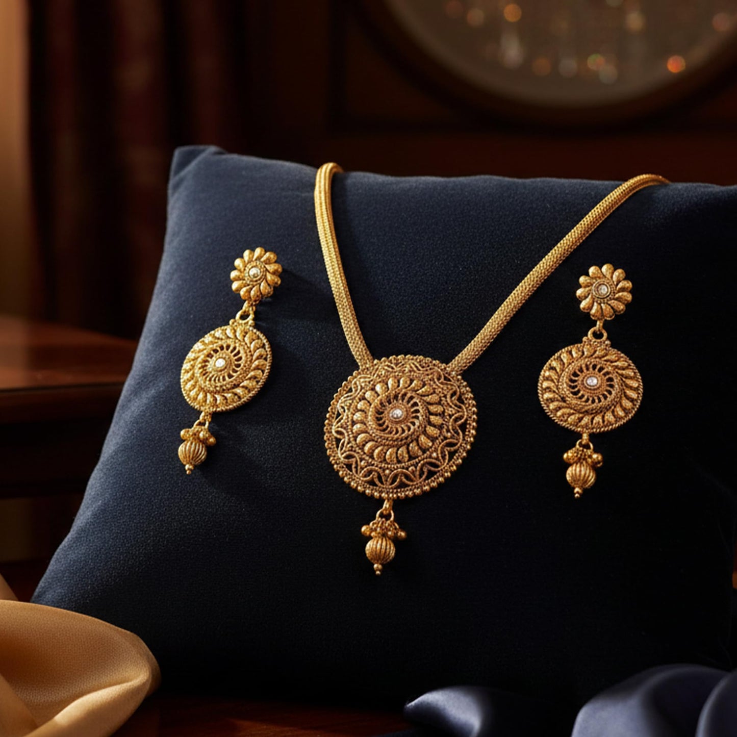 One G Gold Plated Polki Pendant Set With Earring