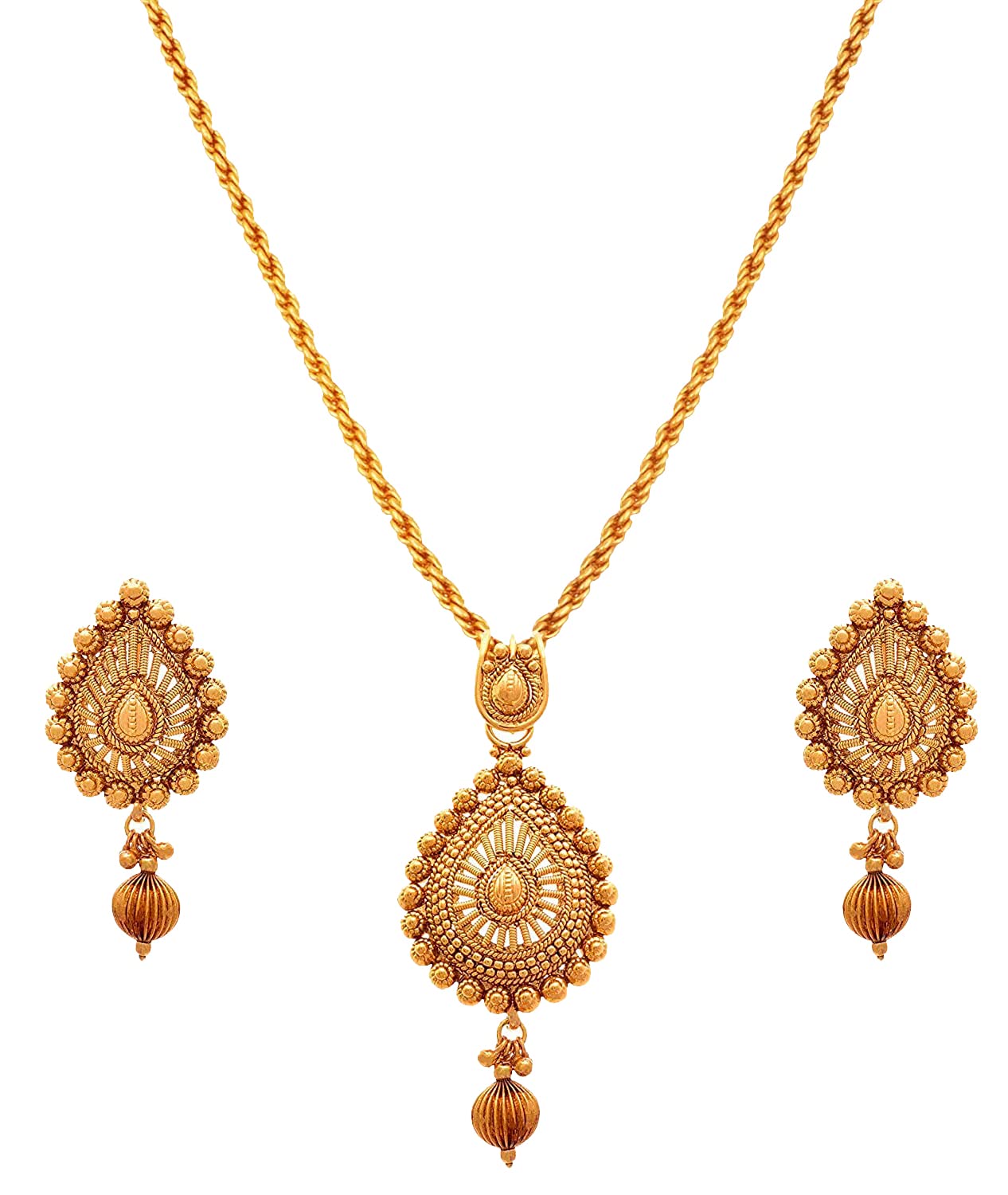 1 Gram Gold Plated Drop Shape Pendant Set With Stud Earrings And Bead Chain .