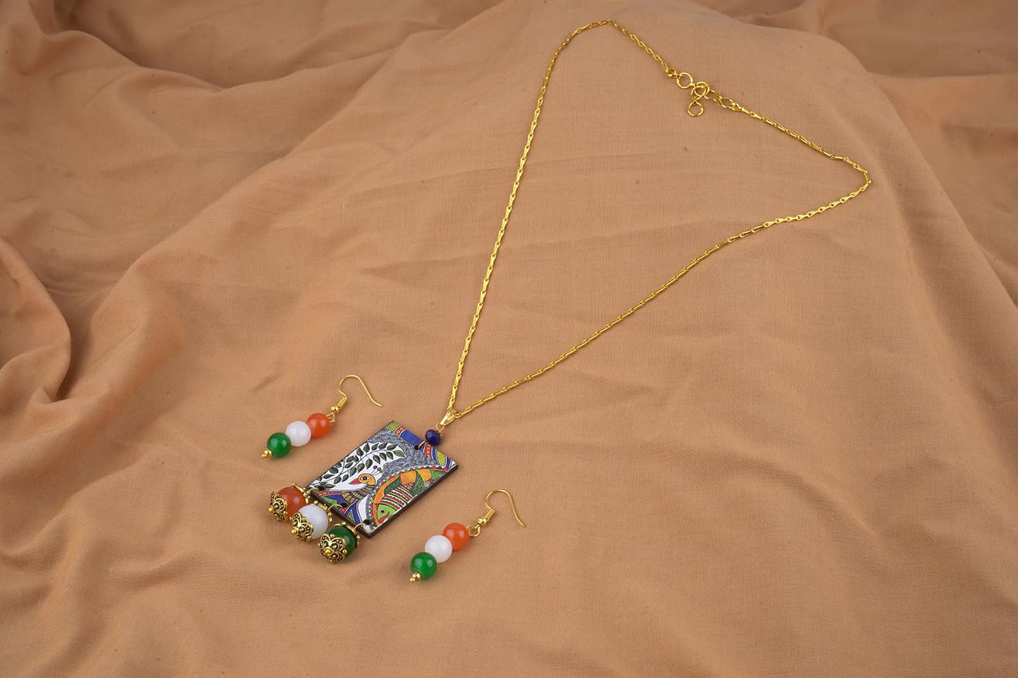 Handmade Tricolour Peacock Pendant Set – Patriotic Jewelry for Independence Day