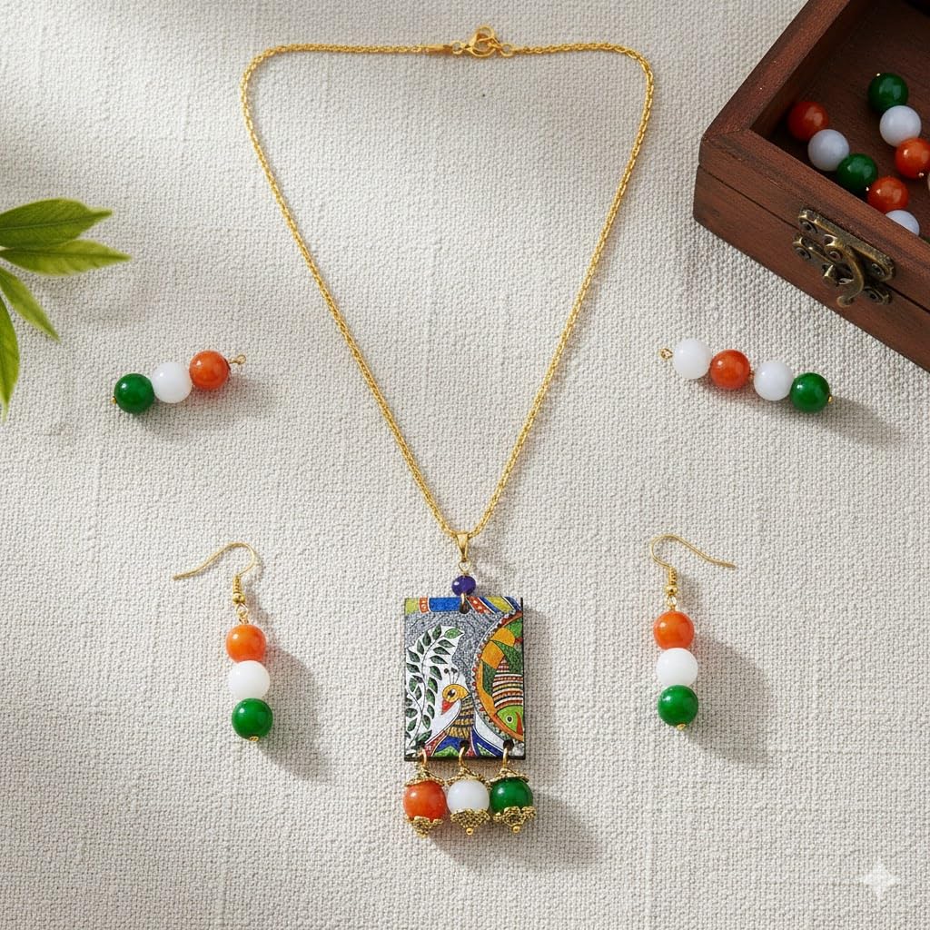 Handmade Tricolour Peacock Pendant Set – Patriotic Jewelry for Independence Day