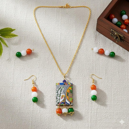 Handmade Tricolour Peacock Pendant Set – Patriotic Jewelry for Independence Day