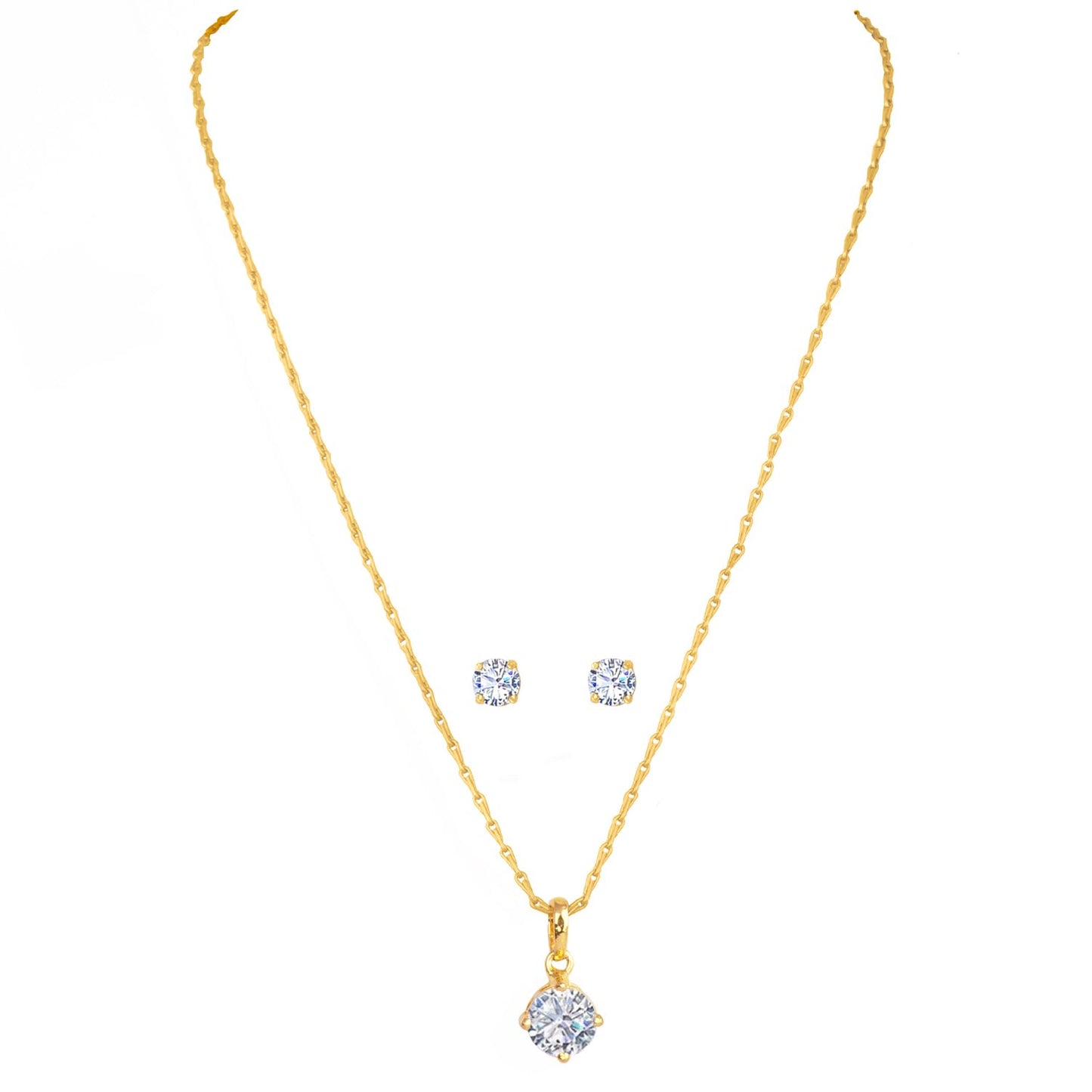 Gold Plated Solitaire Modern Cz American Diamond Pendant Set